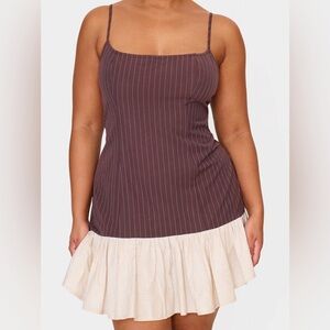 NWT PrettyLittleThing Plus Brown Contrast Pinstripe Frill Hem Shift Dress 14
